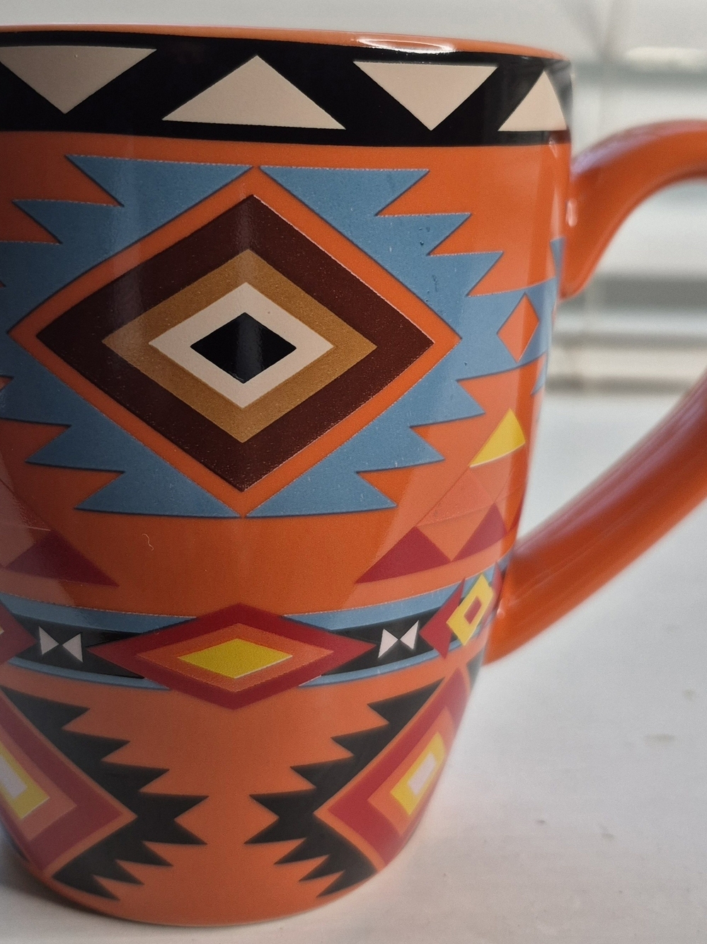 Black Geometric Aztec Pattern Ceramic Mug - Blue & Red Accent - Picture 9 of 11